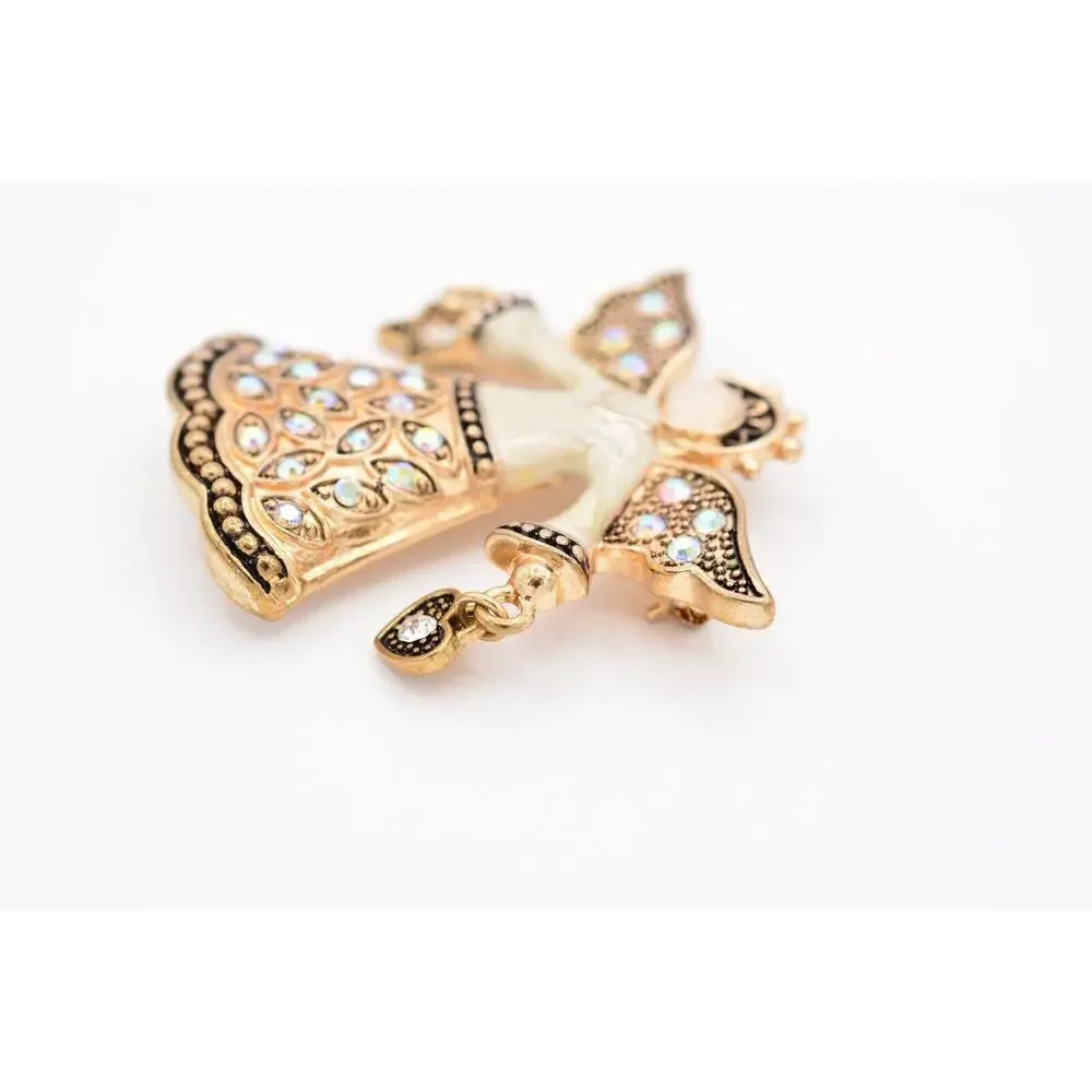 KC Vintage Christmas Angel Pin Brooch Star Heart AB Rhinestone Signed 90s Bin5A